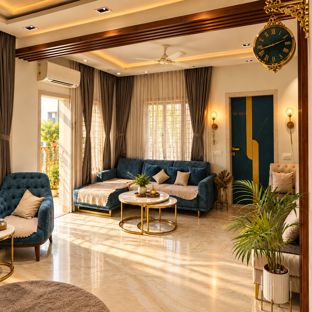 Living room with blue sofa and brass accents