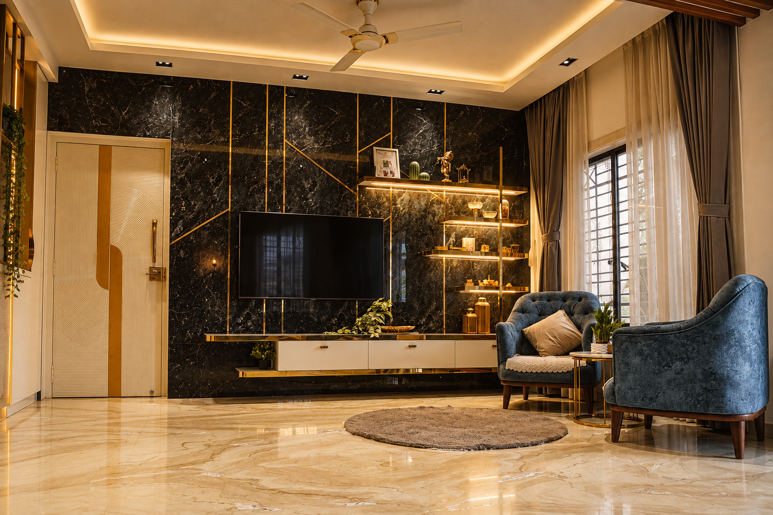 Living room with a black and gold marble TV feature wall, designed by Artlink Design
