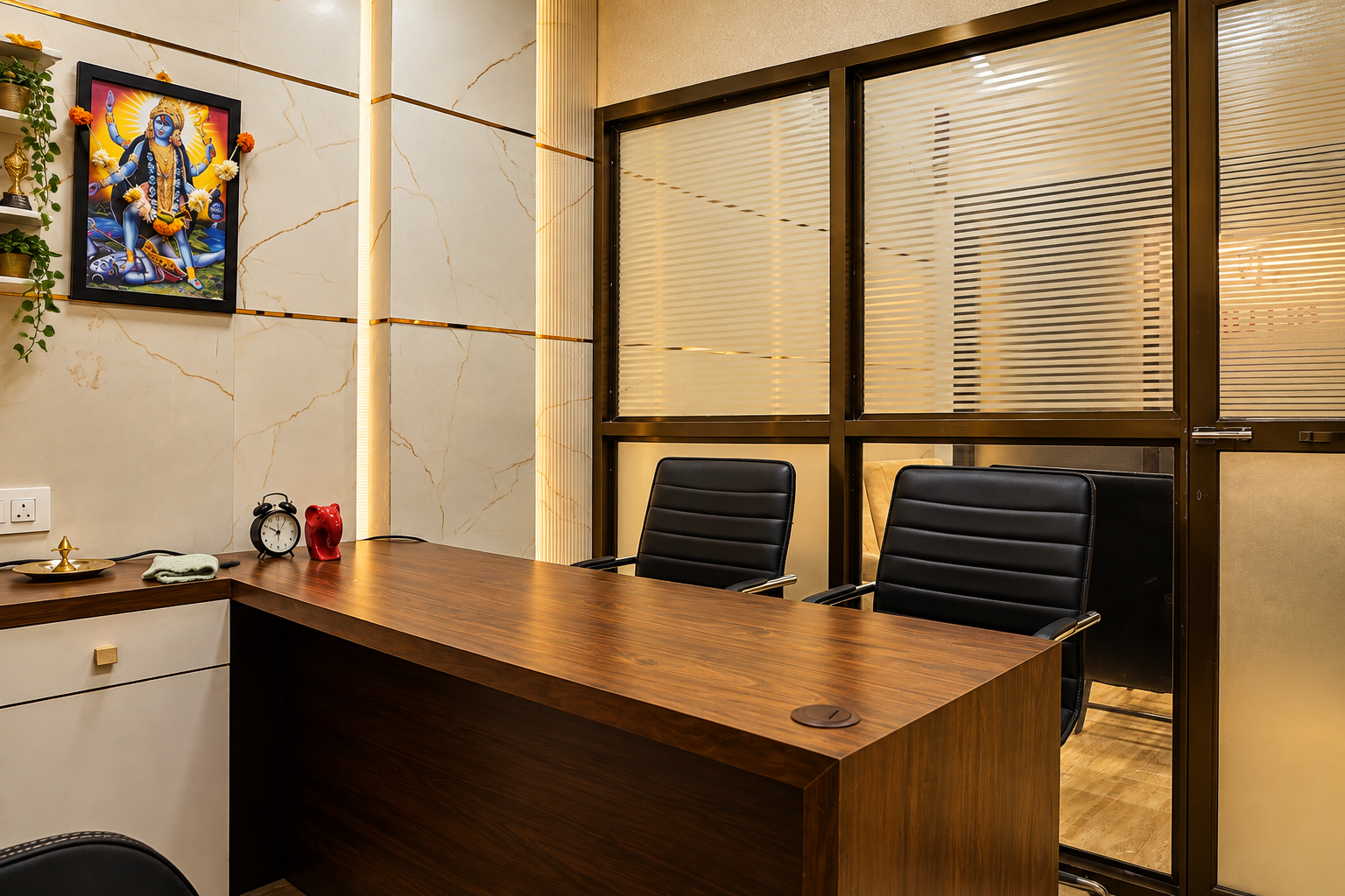 Office cabin with walnut desk and marble wall
