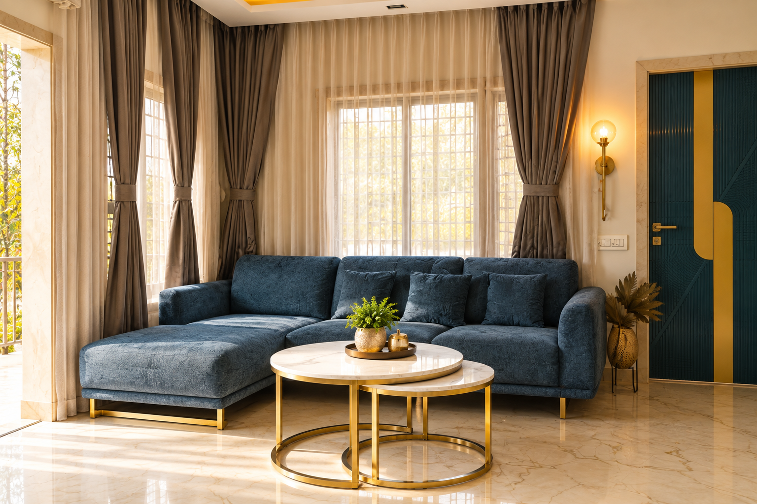Blue velvet sectional in a residential living room